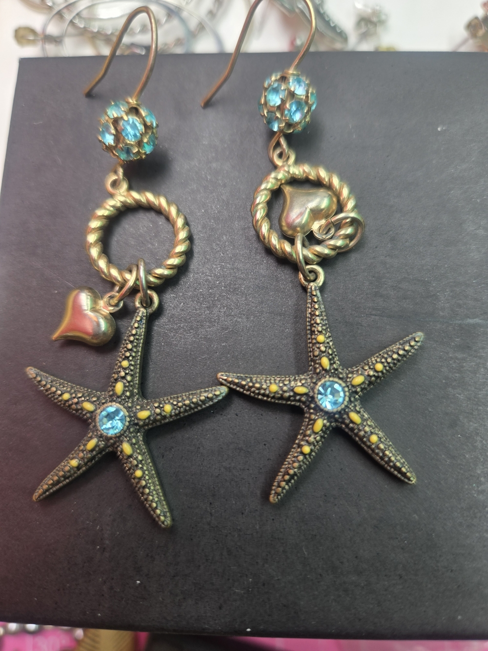 Vintage-Inspired Starfish Drop Earrings with Blue Crystal Accents
